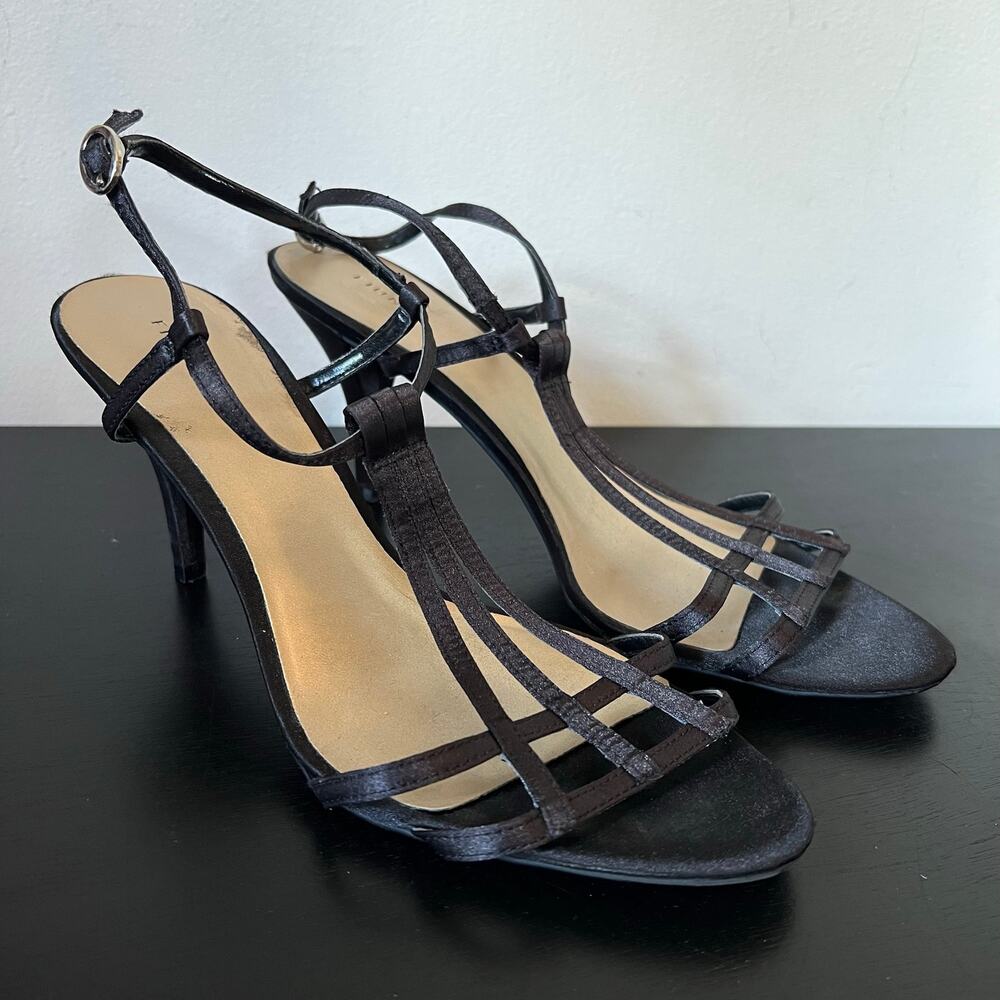 Fioni 90s Style Black Strappy Satin Open Toe Stiletto Heel 9.5